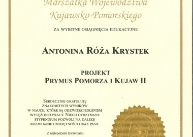 Gratulacje dla Stypendystki